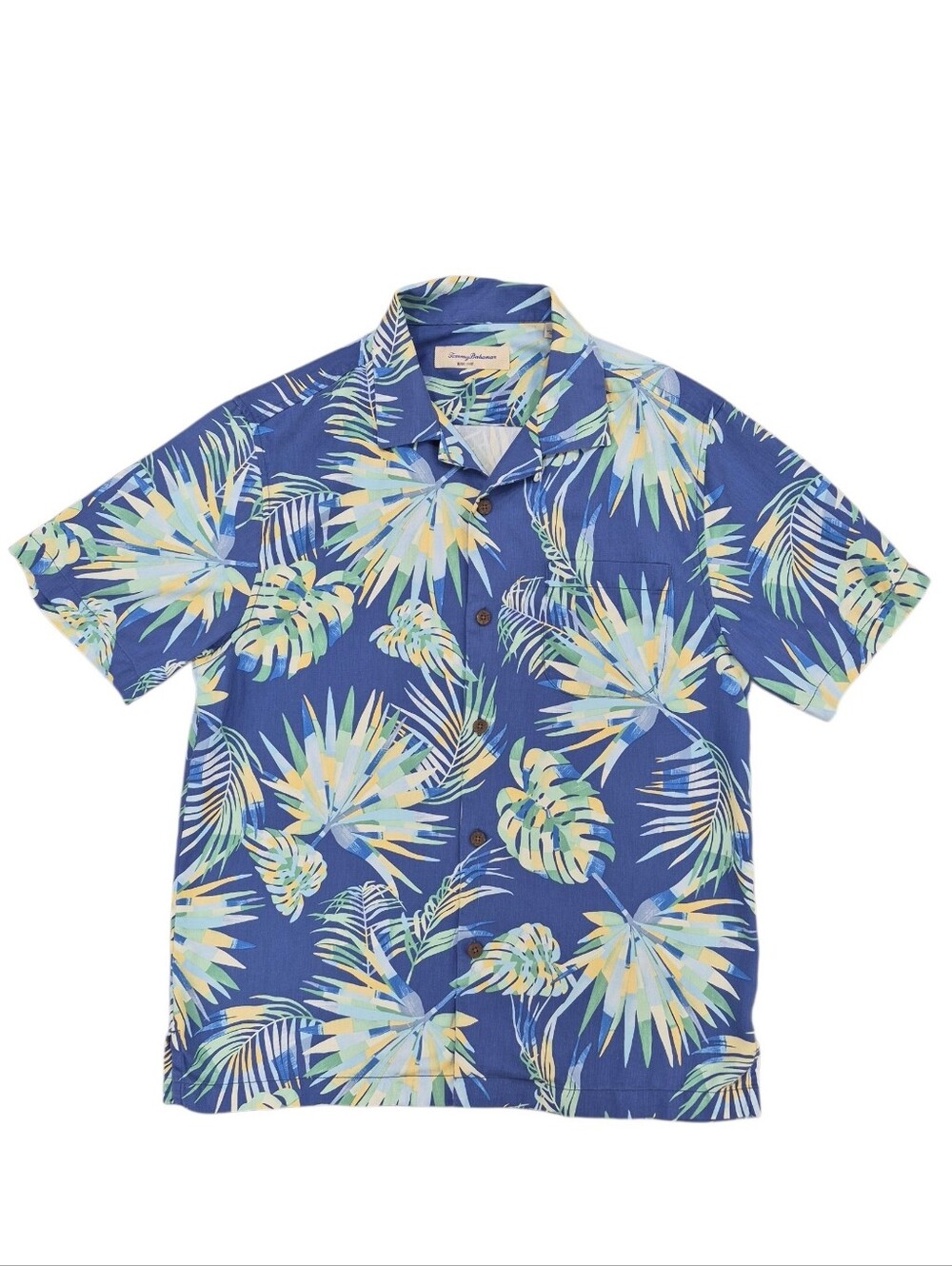 Tommy Bahama silk Hawaiian shirt men's medium blue palm button down short sleeve